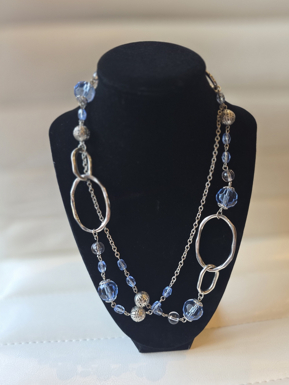 Lia Sophia Long Light Blue Beaded Necklace with Silver Links